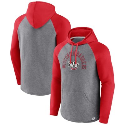 Wisconsin Badgers Wrap Up Raglan Pullover Hoodie - Red/Heather Gray
