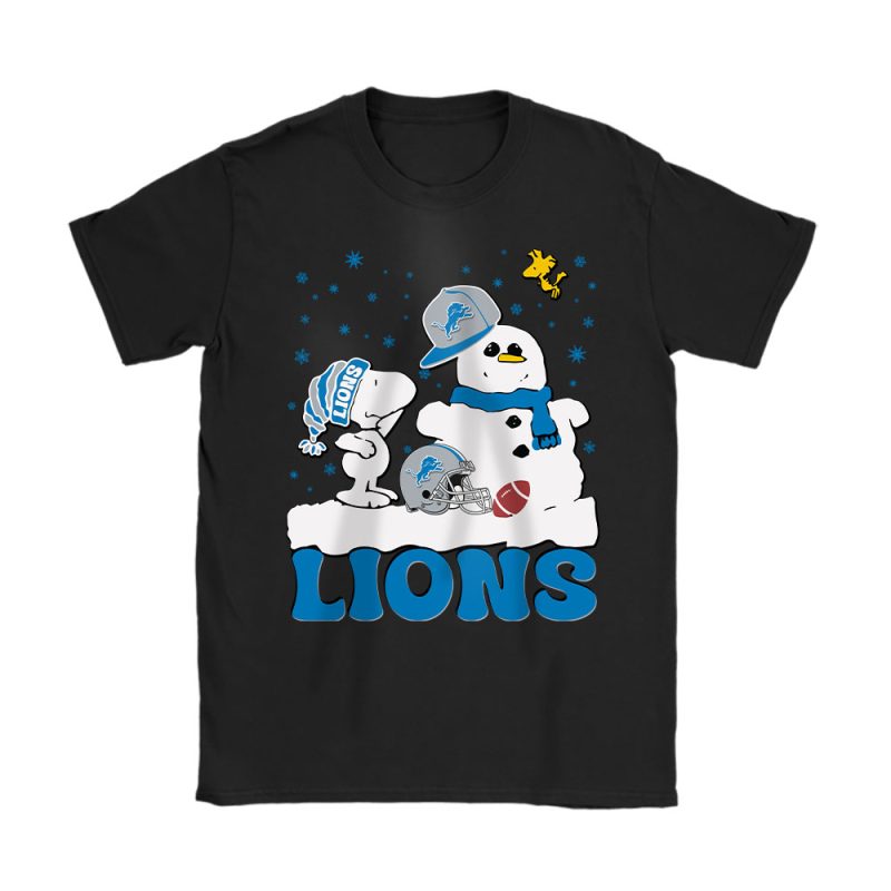 Detroit Lions Merry Christmas NFL Gift For Fan Christmas Snoopy And Snow Man Unisex T-Shirt Cotton Tee TAT20542