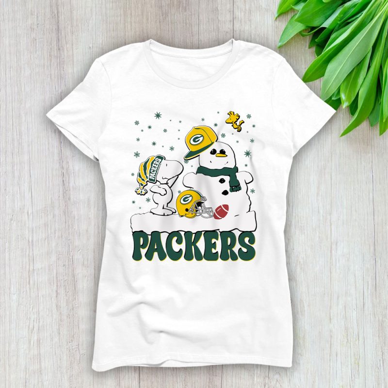Green Bay Packers Merry Christmas NFL Gift For Fan Christmas Snoopy And Snow Man Lady T-Shirt Women Tee LTL20577
