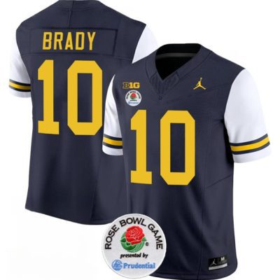 Michigan Wolverines #10 Tom Brady 2023 F.U.S.E. Navy/White Rose Bowl Patch Stitched Jersey