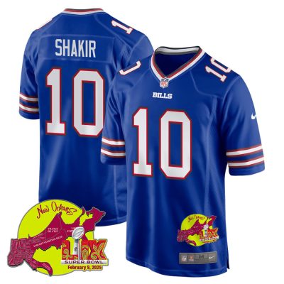 Khalil Shakir 10 Buffalo Bills Super Bowl LIX New Orleans Patch Game Men Jersey - Royal