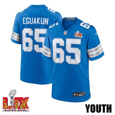 Kingsley Eguakun #65 Detroit Lions Super Bowl LIX Youth Jersey - Blue