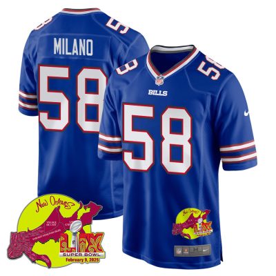 Matt Milano 58 Buffalo Bills Super Bowl LIX New Orleans Patch Game Men Jersey - Royal
