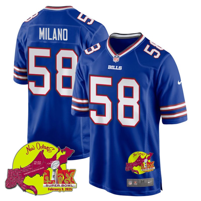 Matt Milano 58 Buffalo Bills Super Bowl LIX New Orleans Patch Game Men Jersey - Royal