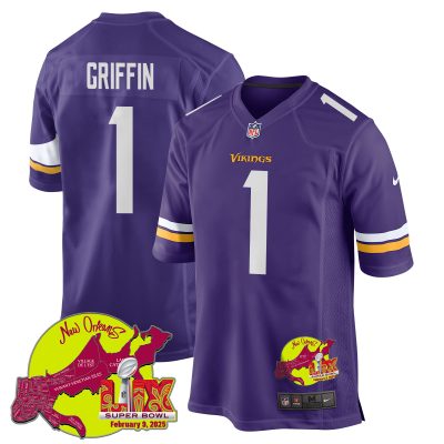 Shaq Griffin 1 Minnesota Vikings Super Bowl LIX New Orleans Patch Game Men Jersey - Purple