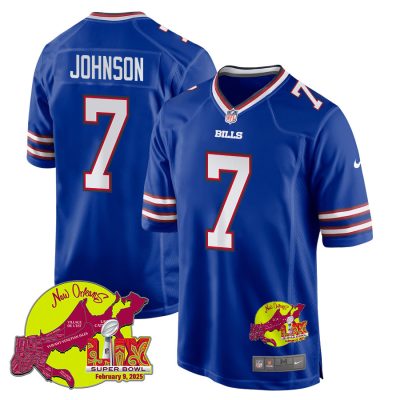 Taron Johnson 7 Buffalo Bills Super Bowl LIX New Orleans Patch Game Men Jersey - Royal