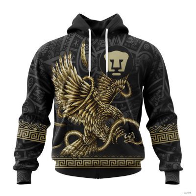 Personalized Liga MX Pumas Unam Hoodie Black - Gold Design With Mexican Eagle