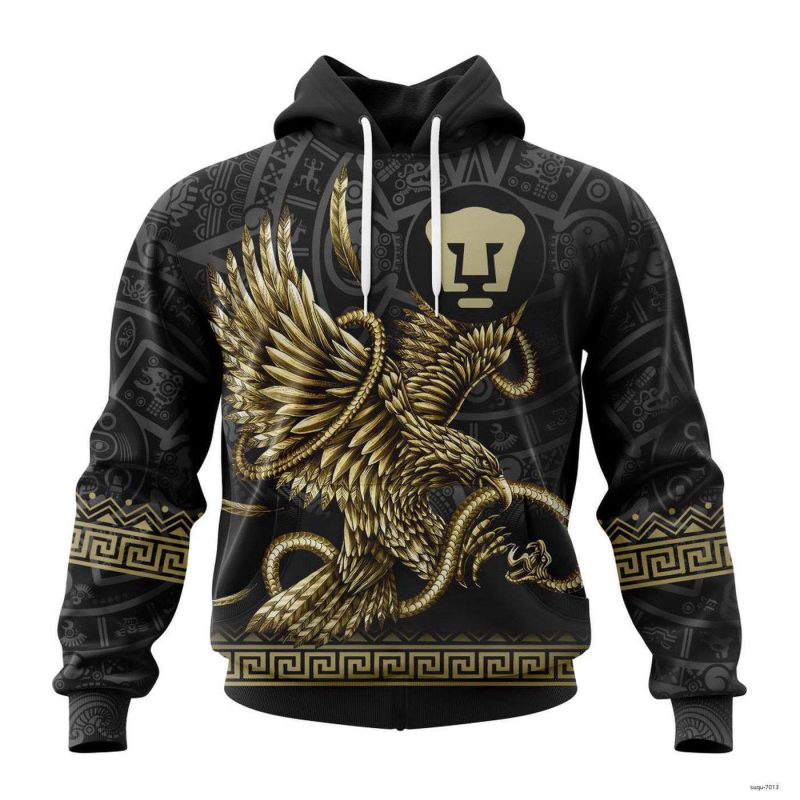 Personalized Liga MX Pumas Unam Hoodie Black - Gold Design With Mexican Eagle