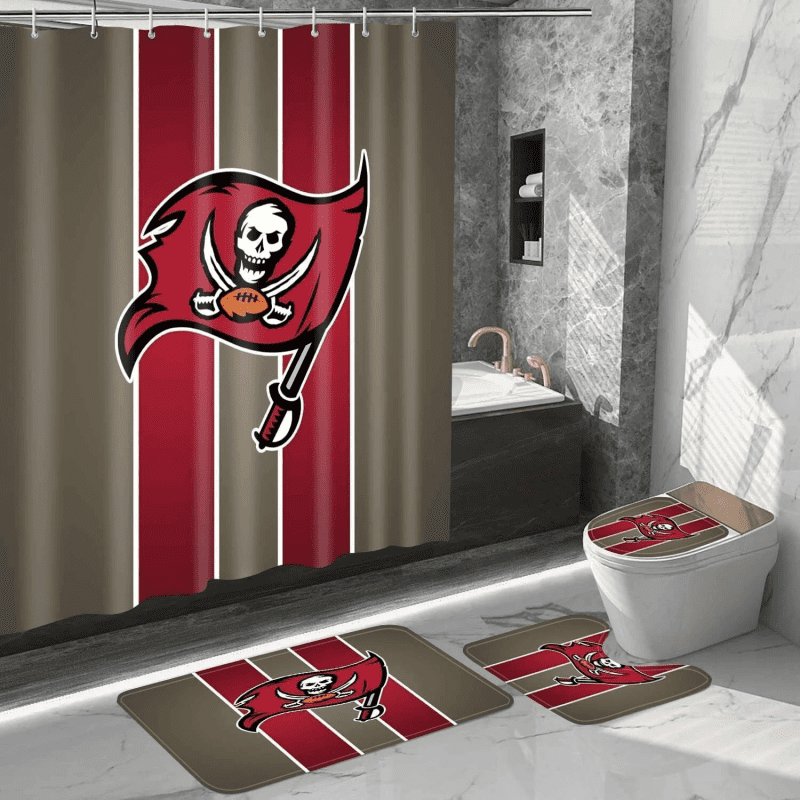 Tampa Bay Buccaneers 3 Logo Waterproof Shower Curtain Non-Slip Toilet Lid Cover Bath Mat Bathroom Set BRS4212