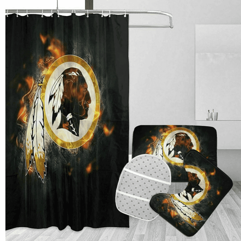 Washington Commanders Fire Background Logo Waterproof Shower Curtain Non-Slip Toilet Lid Cover Bath Mat Bathroom Set BRS4296
