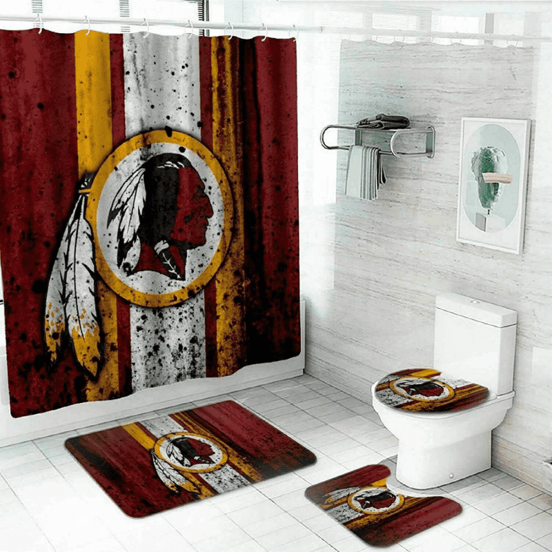 Washington Commanders Logo Waterproof Shower Curtain Non-Slip Toilet Lid Cover Bath Mat Bathroom Set BRS4284