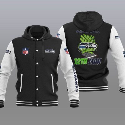 Seattle Seahawks Hooded Button Jacket with Hood - Black