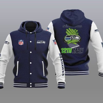 Seattle Seahawks Hooded Button Jacket with Hood - Navy