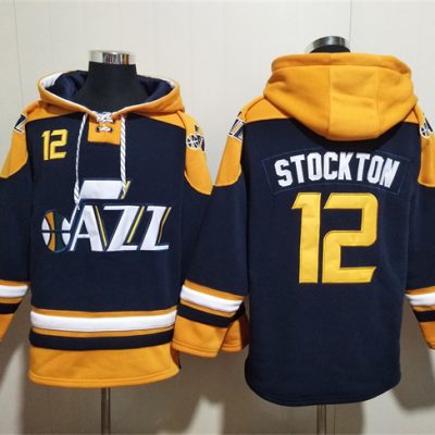 Utah Jazz #12 John Stockton Navy/Yellow Lace-Up Pullover Hoodie