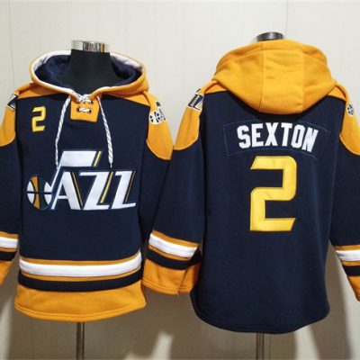 Utah Jazz #2 Collin Sexton Navy/Yellow Lace-Up Pullover Hoodie