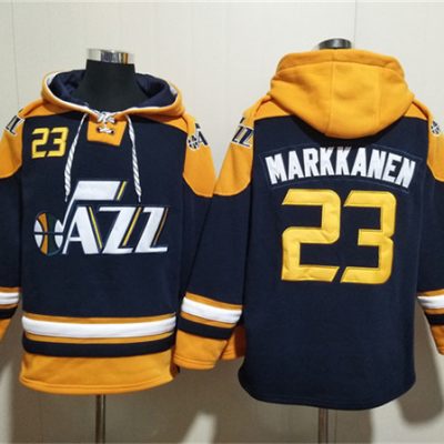 Utah Jazz #23 Lauri Markkanen Navy/Yellow Lace-Up Pullover Hoodie