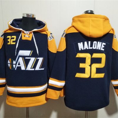 Utah Jazz #32 Karl Malone Navy/Yellow Lace-Up Pullover Hoodie