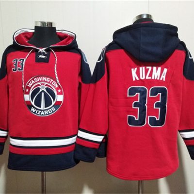 Washington Wizards #33 Kyle Kuzma Red/Navy Lace-Up Pullover Hoodie